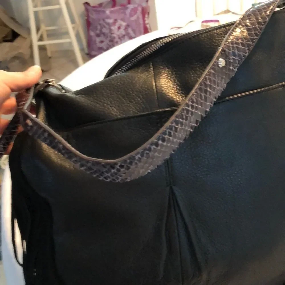 NWT B Makowsky Black Leather Hobo with Snake strap